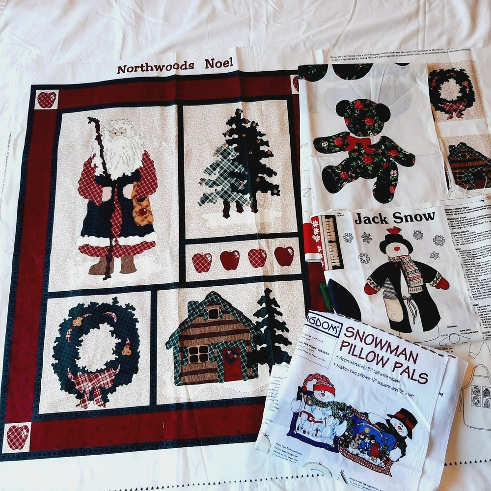 Lot of 5 Christmas Fabric Panels to Sew Wall Hanging Teddy Bear Snowman Pillows